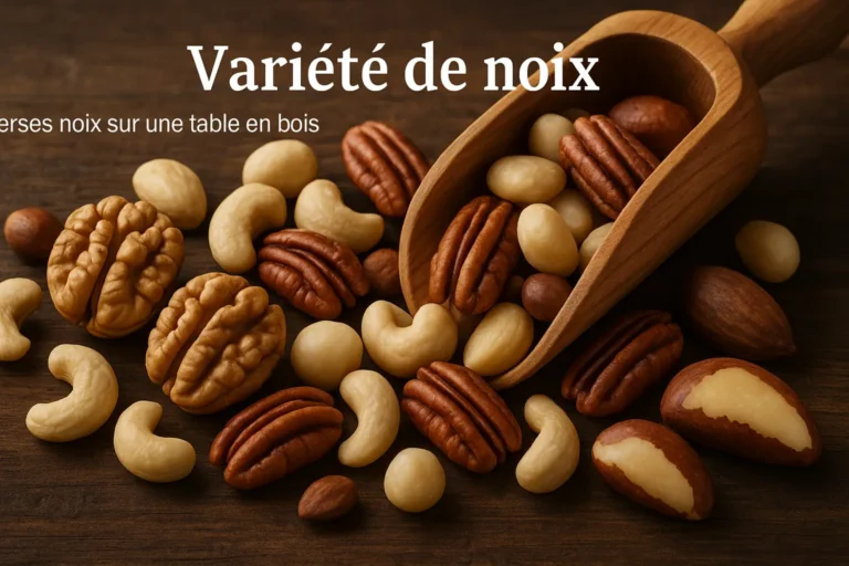 Assortiment de noix (grenoble, cajou, pécan, macadamia, Brésil) sur une table en bois