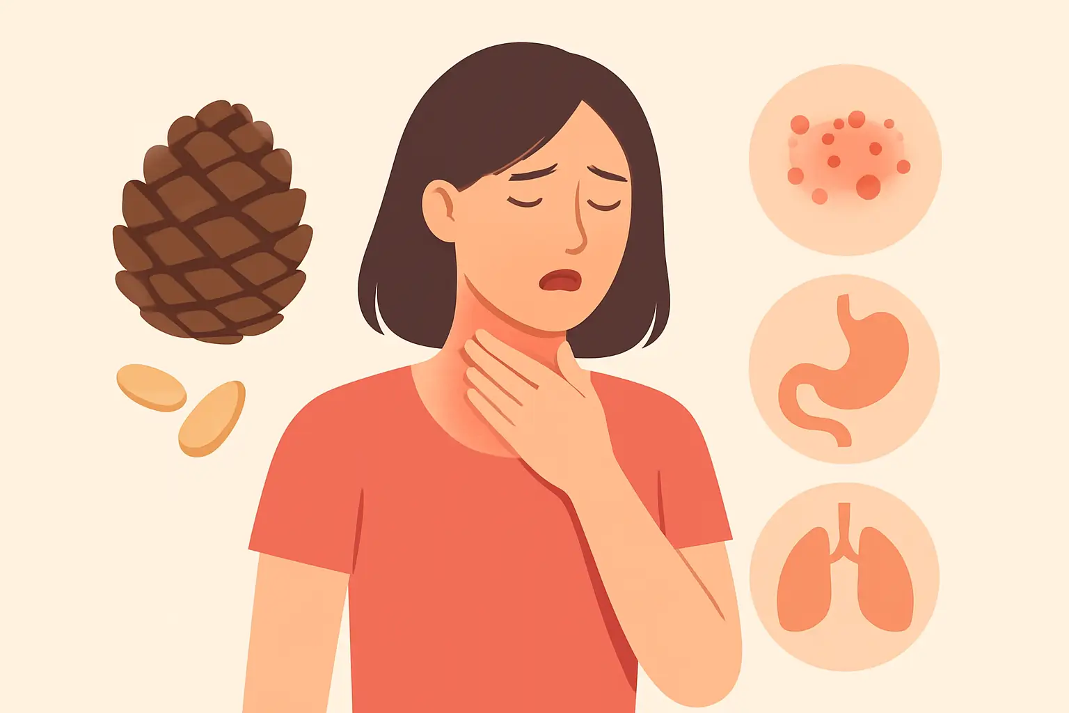 Femme allergique aux pignons de pin avec rougeurs au cou et icônes des symptômes cutanés, digestifs et respiratoires.