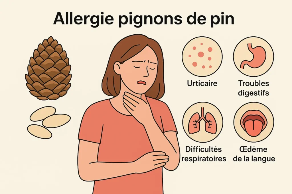 Symptômes d'une allergie aux pignons de pin illustrés : urticaire, troubles digestifs, difficultés respiratoires, œdème de la langue.