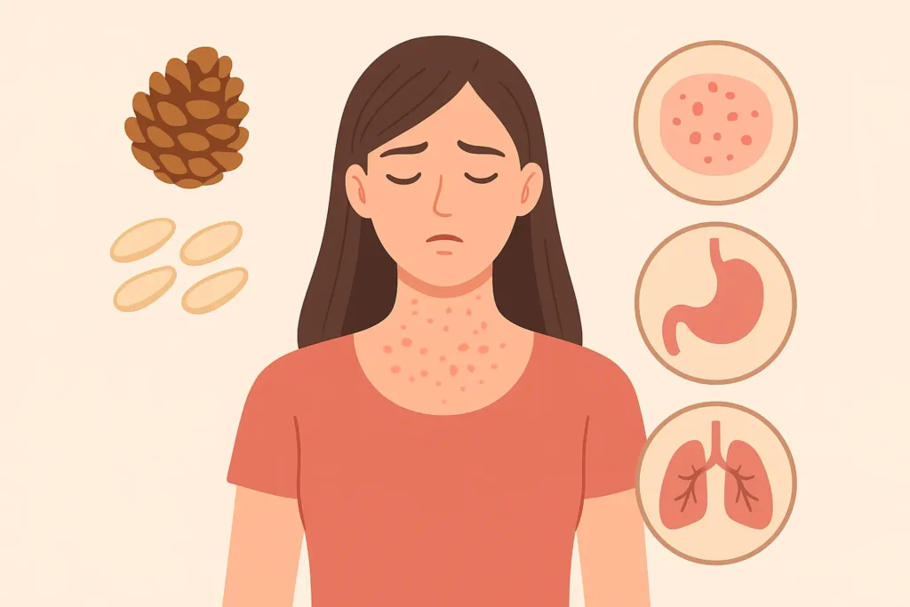 Femme souffrant d’une allergie aux pignons de pin avec rougeurs sur le cou, entourée de pictogrammes des symptômes courants.