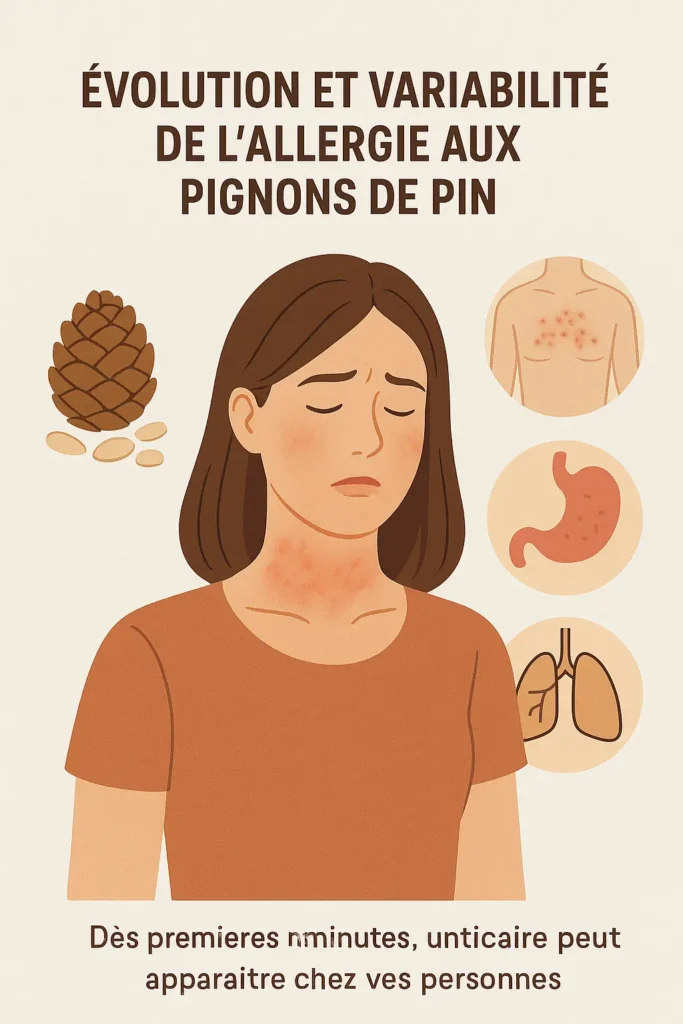 Femme allergique aux pignons de pin, avec rougeurs sur le cou, icônes illustrant des symptômes cutanés, digestifs et respiratoires.