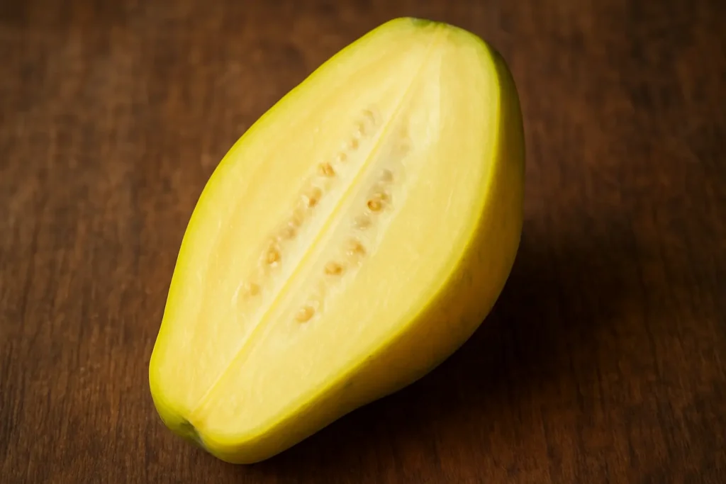 babaco fruit coupé en deux, chair crème naturelle et juteuse