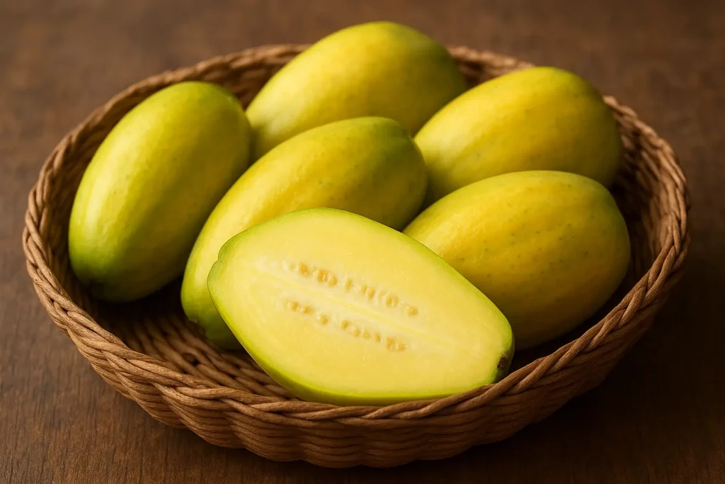 panier de babaco fruit mûr jaune-vert sur table en bois