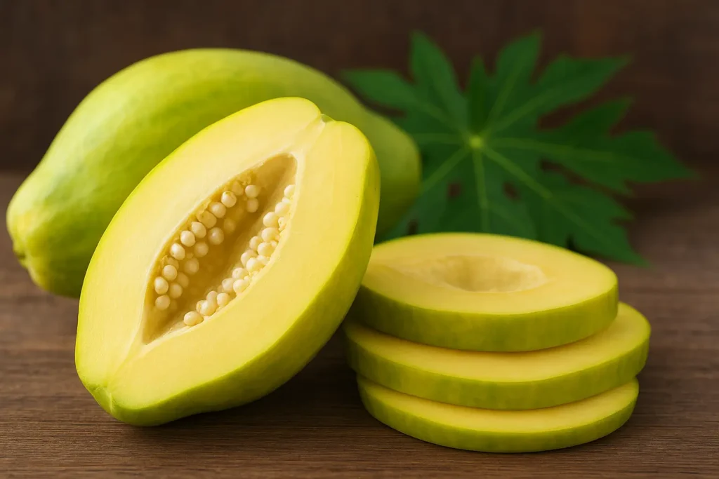 babaco fruit en tranches 16:9, texture translucide et graines beiges