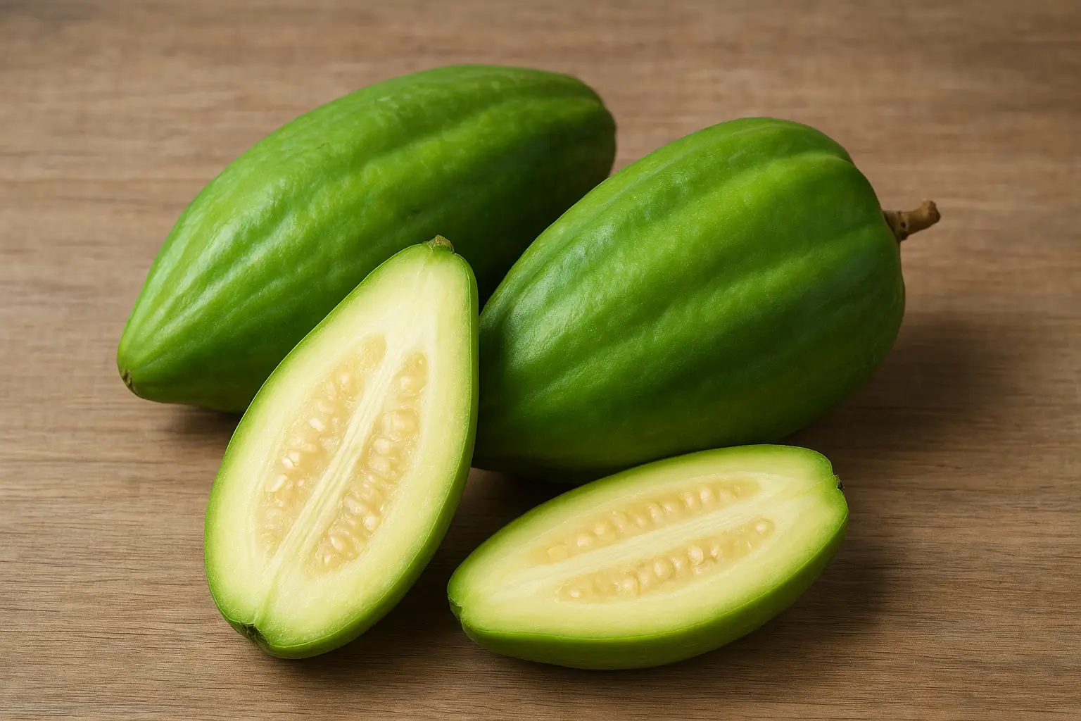babaco fruit vert et demi-babaco montrant la chair jaune pâle