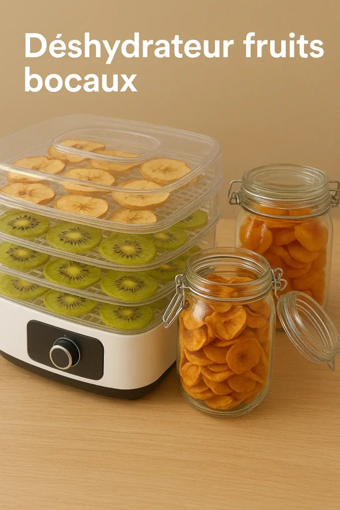 Déshydrateur fruits avec bocaux remplis de pommes, kiwis et abricots séchés