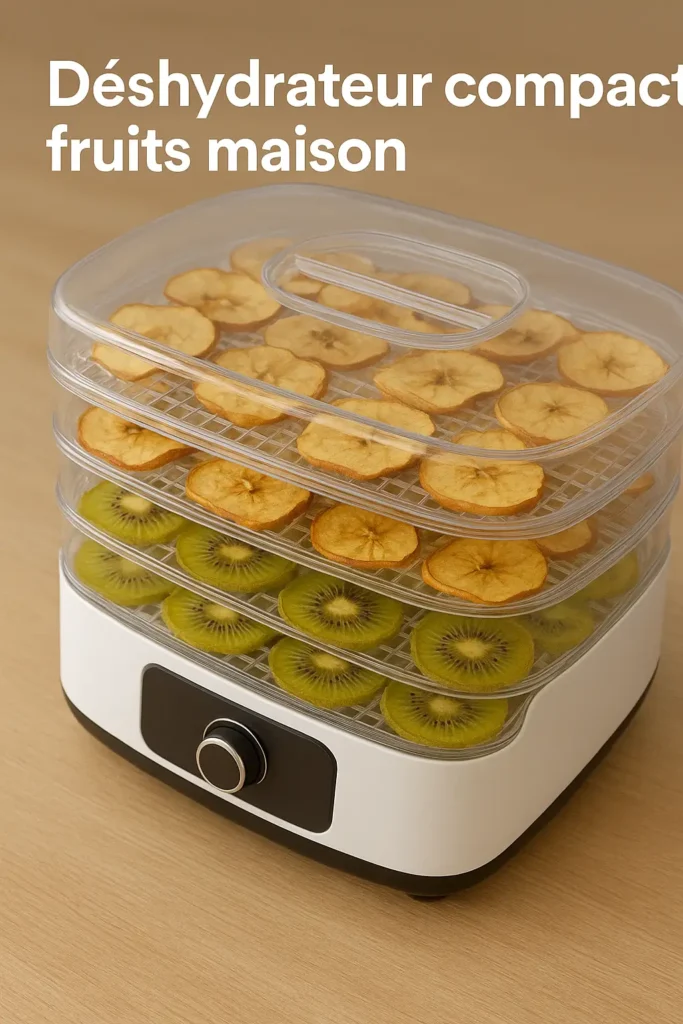 Gros plan sur un déshydrateur fruits avec plateaux remplis de pommes et kiwis séchés