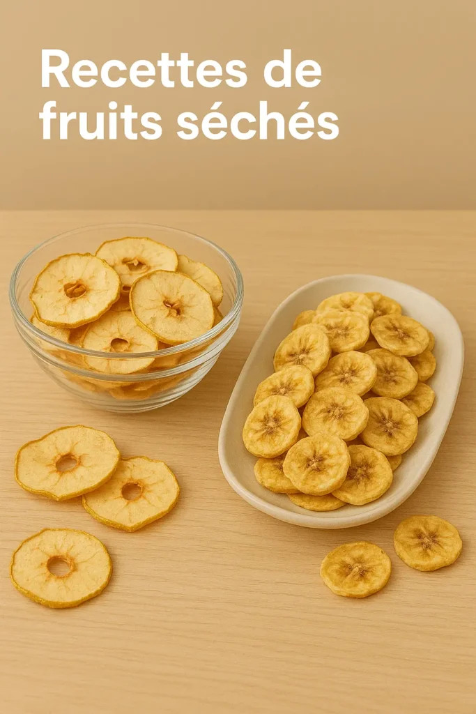 : Chips de pommes et rondelles de bananes séchées présentées dans des bols