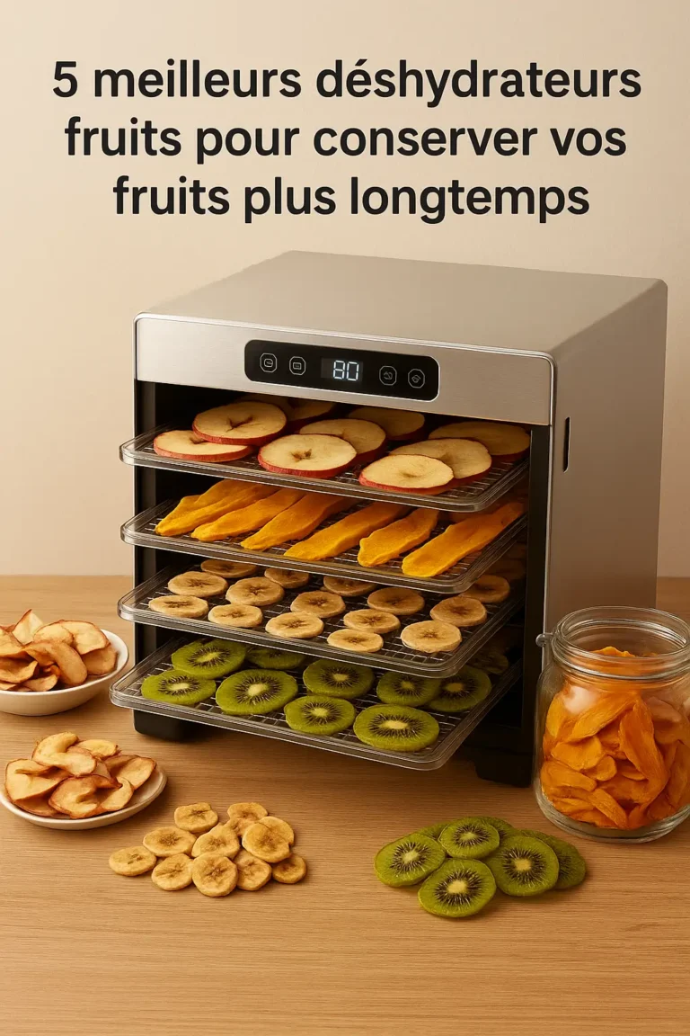 Déshydrateur fruits en inox avec pommes, bananes, mangues et kiwis séchés