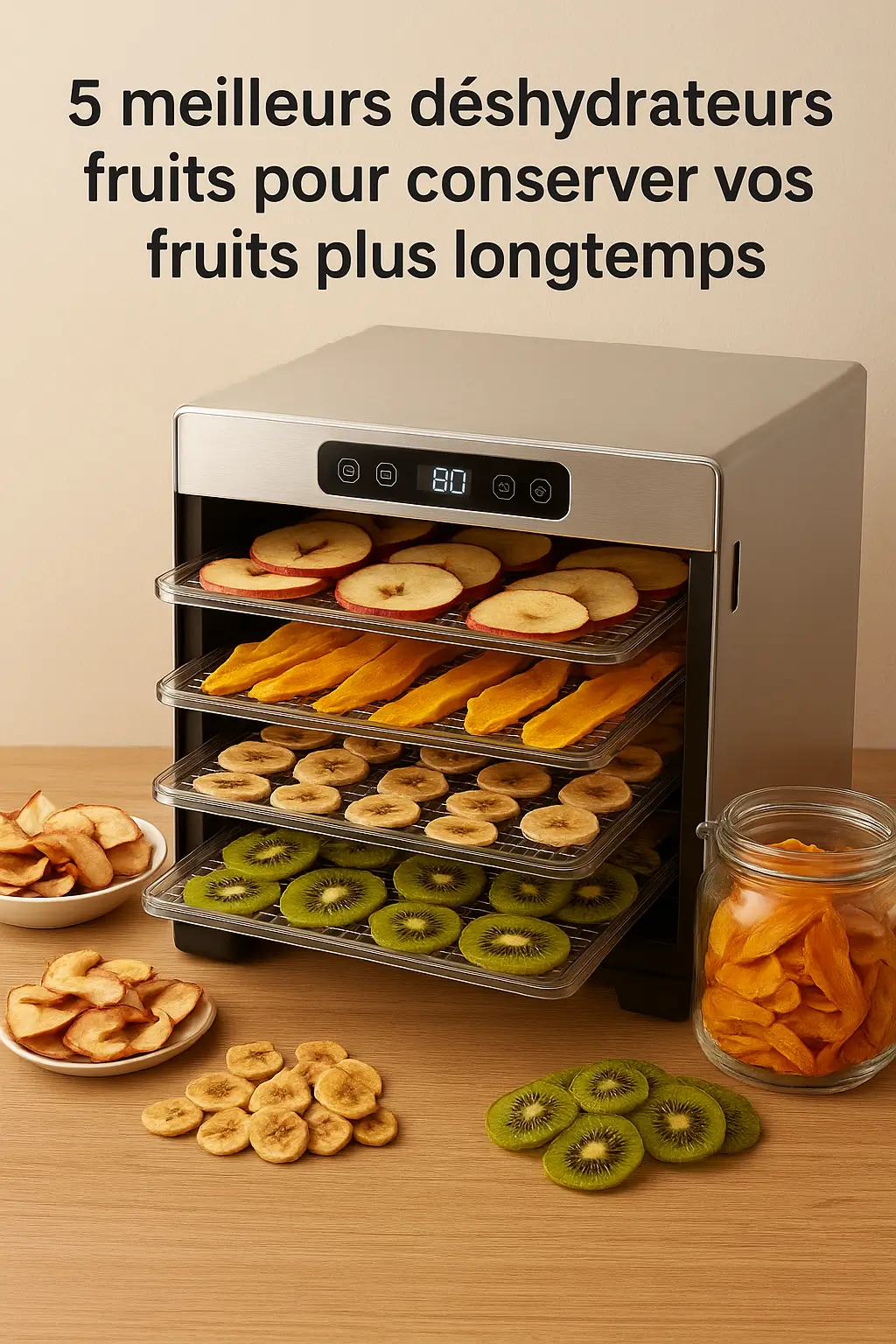 Déshydrateur fruits en inox avec pommes, bananes, mangues et kiwis séchés