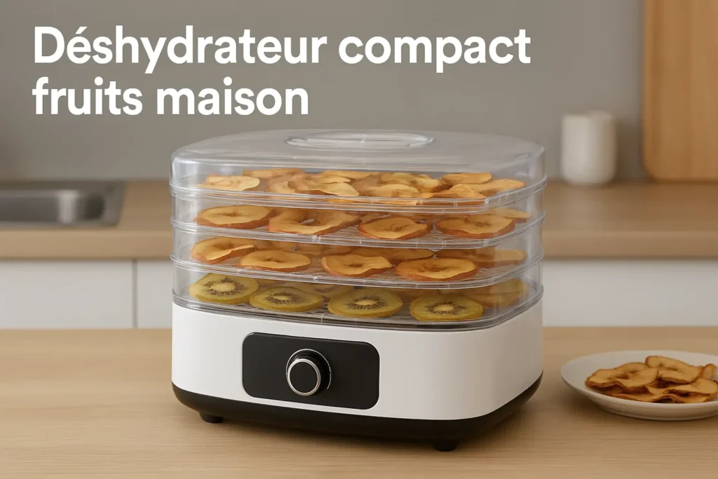 Déshydrateur compact fruits sur un plan de travail, rempli de pommes et kiwis séchés