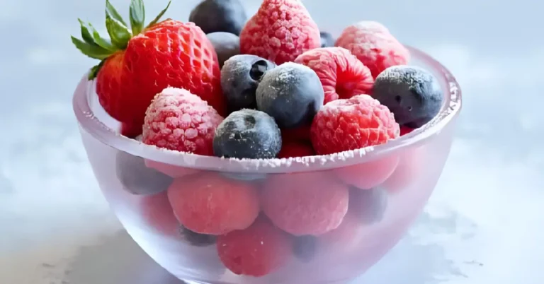 Bol en verre contenant un mélange de fruits rouges congelés, dont des fraises, framboises, myrtilles et litchis, posés sur une surface rose pâle.