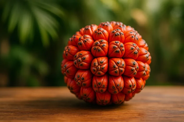 Gros plan d’un hala fruit rouge orangé posé sur une table en bois, avec un arrière-plan de feuilles vertes floutées