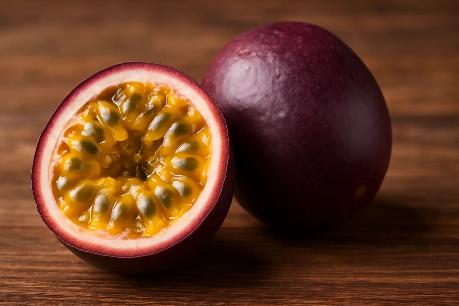 Vue rapprochée d’un passion fruit entier et d’un demi-fruit montrant sa pulpe