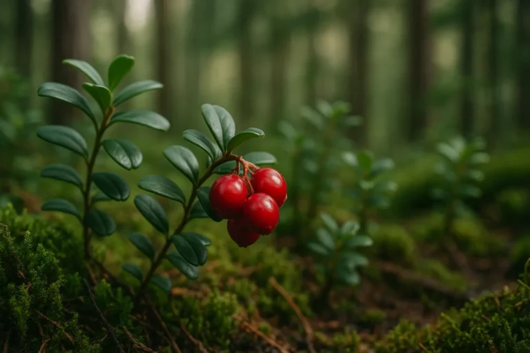 Gros plan sur des airelles rouges accrochées à des branches basses, entourées de feuillage vert et de mousse, dans une forêt nordique floue en arrière‑plan.