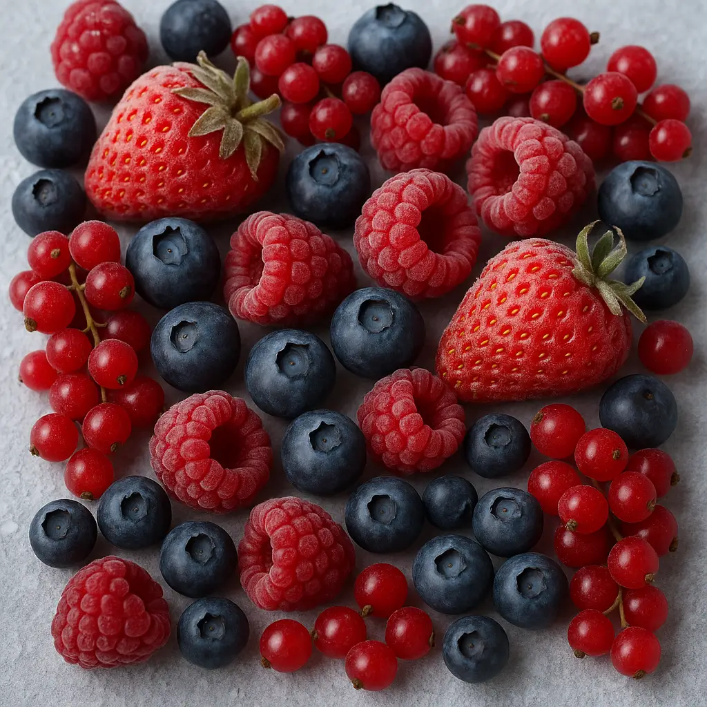 Fruits rouges surgelés ultra réalistes disposés sur une surface froide.