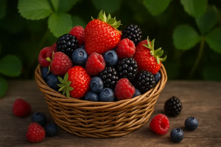 Fruits rouges vertus: Panier rustique rempli de fraises, framboises, myrtilles et mûres sur table en bois.