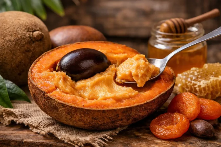 Sapote fruit coupée en deux avec pulpe orangée, noyau noir, abricots secs et miel en arrière-plan.