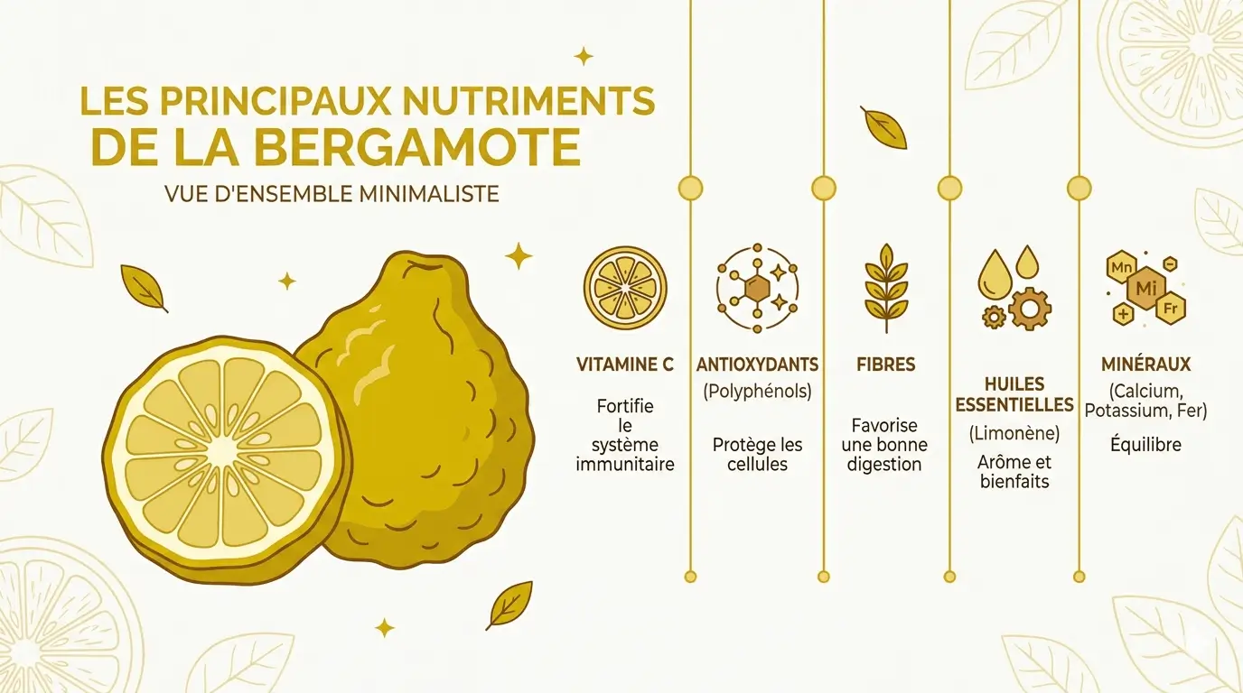 Bergamote fruit Infographie sur fond clair présentant les principaux nutriments, typographie moderne, palette de couleurs jaune doré en accord avec la couleur du fruit.