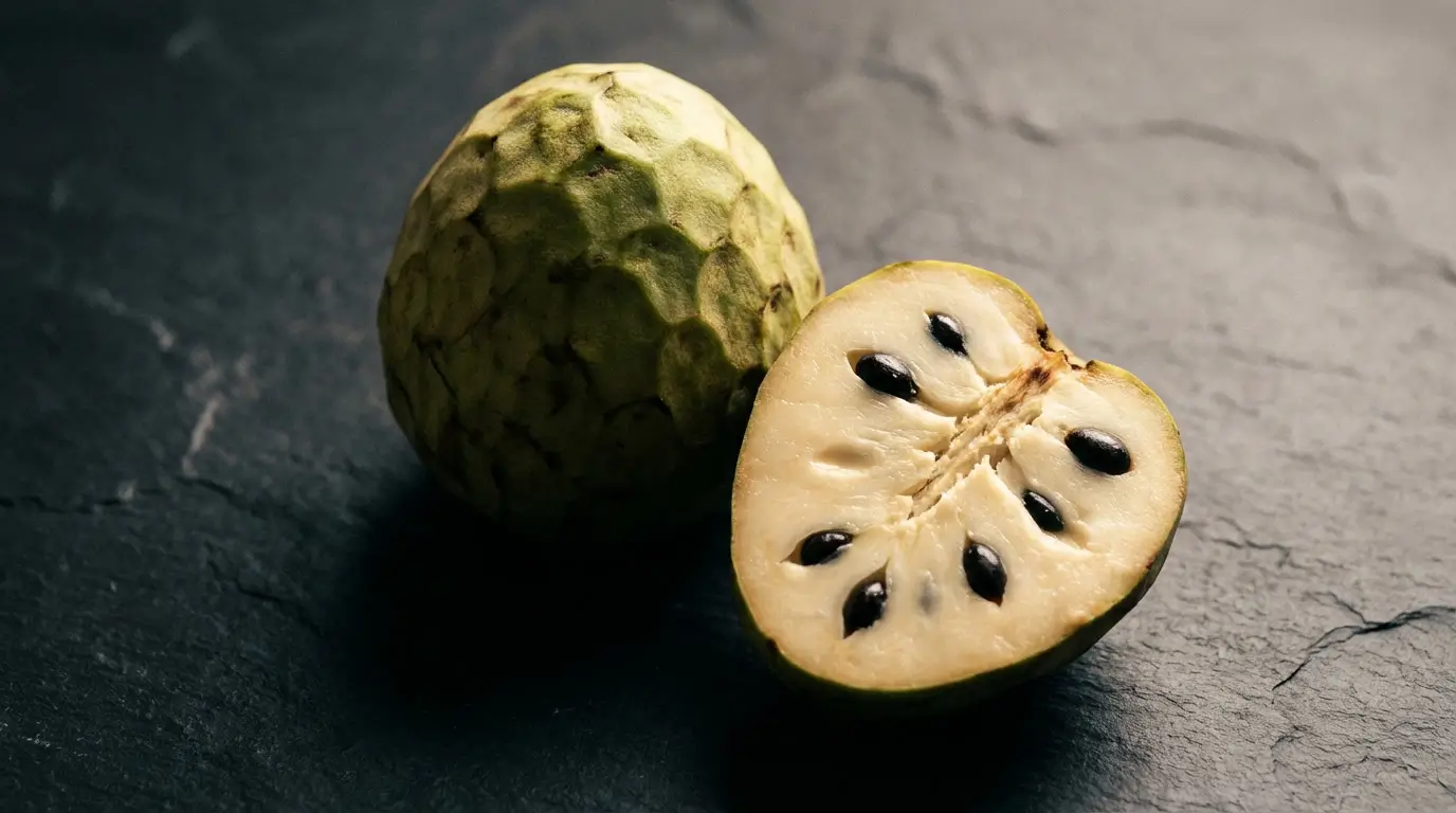 Chérimole fruit: Secrets Incroyables à découvrir 2 Chérimole entière et coupée en deux dévoilant sa chair blanche crémeuse et ses graines noires