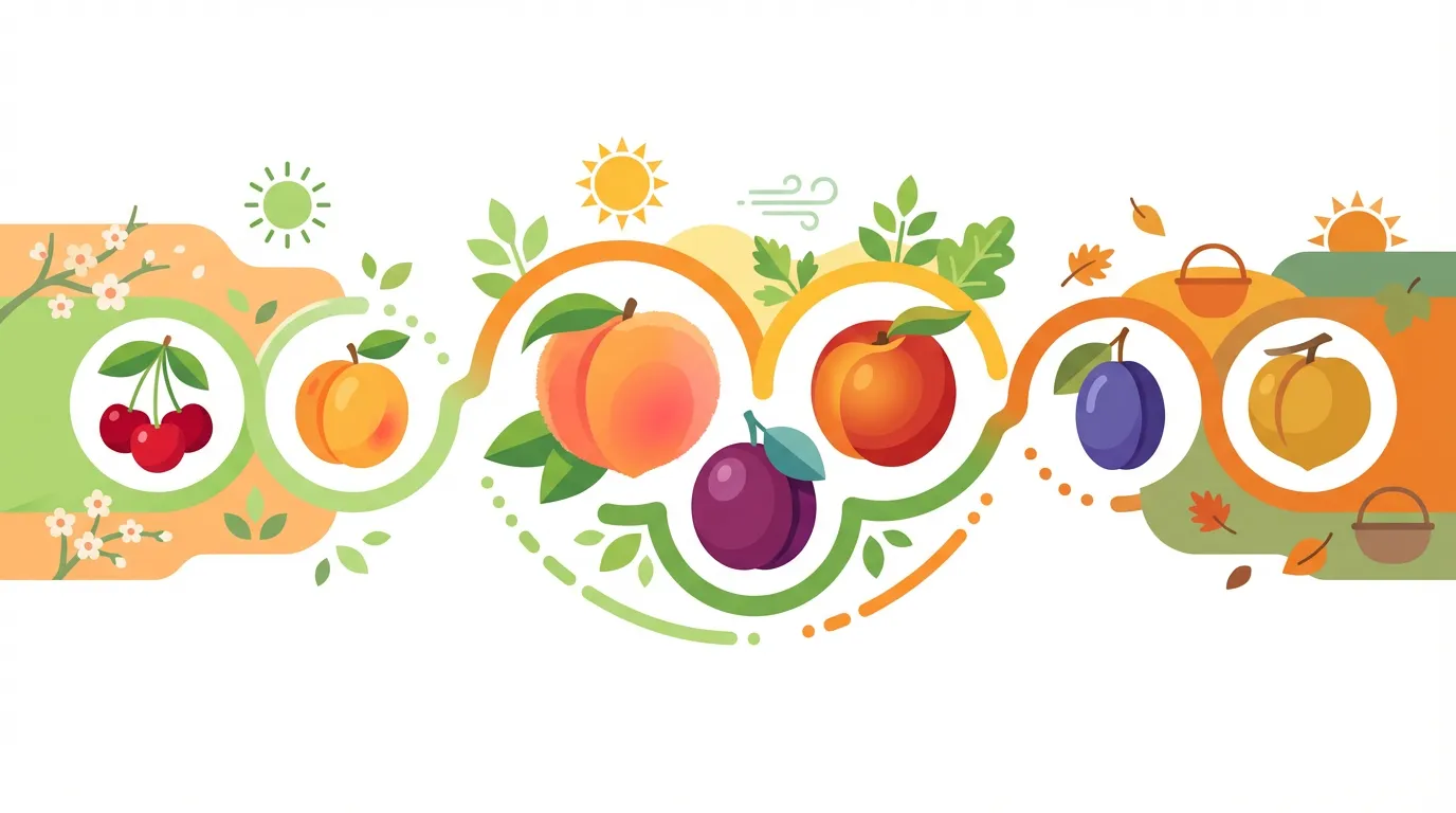 Fruits à noyau : guide complet des variétés et bienfaits 4 Infographie illustrée des saisons des fruits à noyau — cerises au printemps, abricot et pêche en été, nectarine et prune en fin d'été, mirabelle en automne