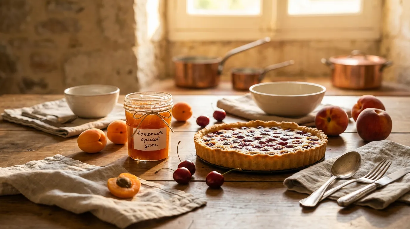 Fruits à noyau : guide complet des variétés et bienfaits 6 Cuisine rustique française avec tarte aux cerises, pot de confiture d'abricot maison et pêches frais sur table en bois, lumière dorée