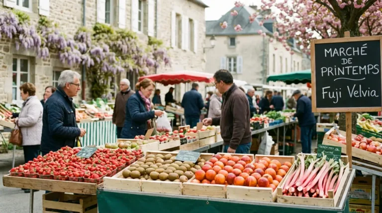 étal de fruits de saison en avril avec fraises kiwi orange rhubarbe