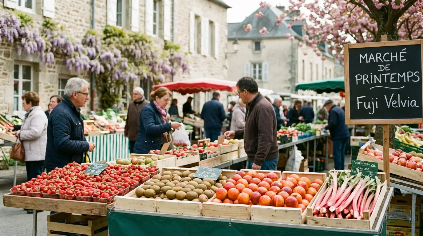 étal de fruits de saison en avril avec fraises kiwi orange rhubarbe