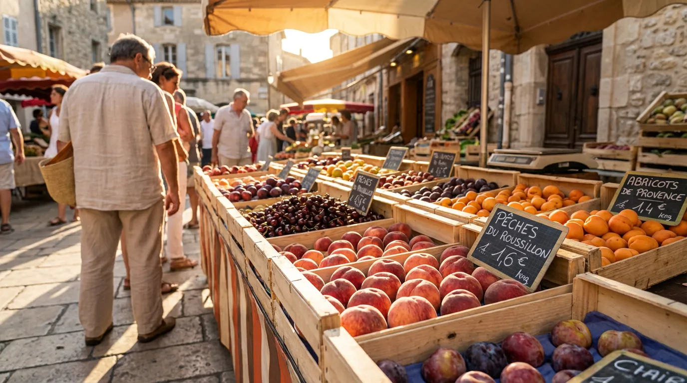 Fruits à noyau : guide complet des variétés et bienfaits 5 Étal de marché provençal avec caisses de fruits à noyau de saison — pêches du Roussillon, cerises, abricots de Provence et prunes, lumière dorée d'été
