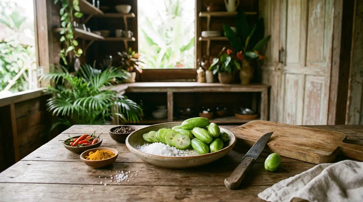 Assiette de bilimbi fruit coupé avec sel, épices et piments sur une table en bois, dans une cuisine rustique entourée de plantes.