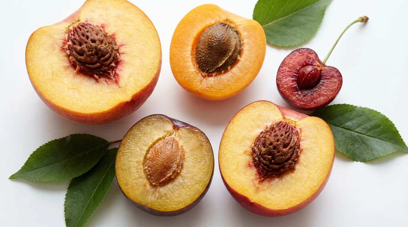 Fruits à noyau : guide complet des variétés et bienfaits 2 Fruits à noyau coupés en deux révélant leur noyau central — pêche, abricot, prune et cerise sur fond blanc avec feuilles vertes