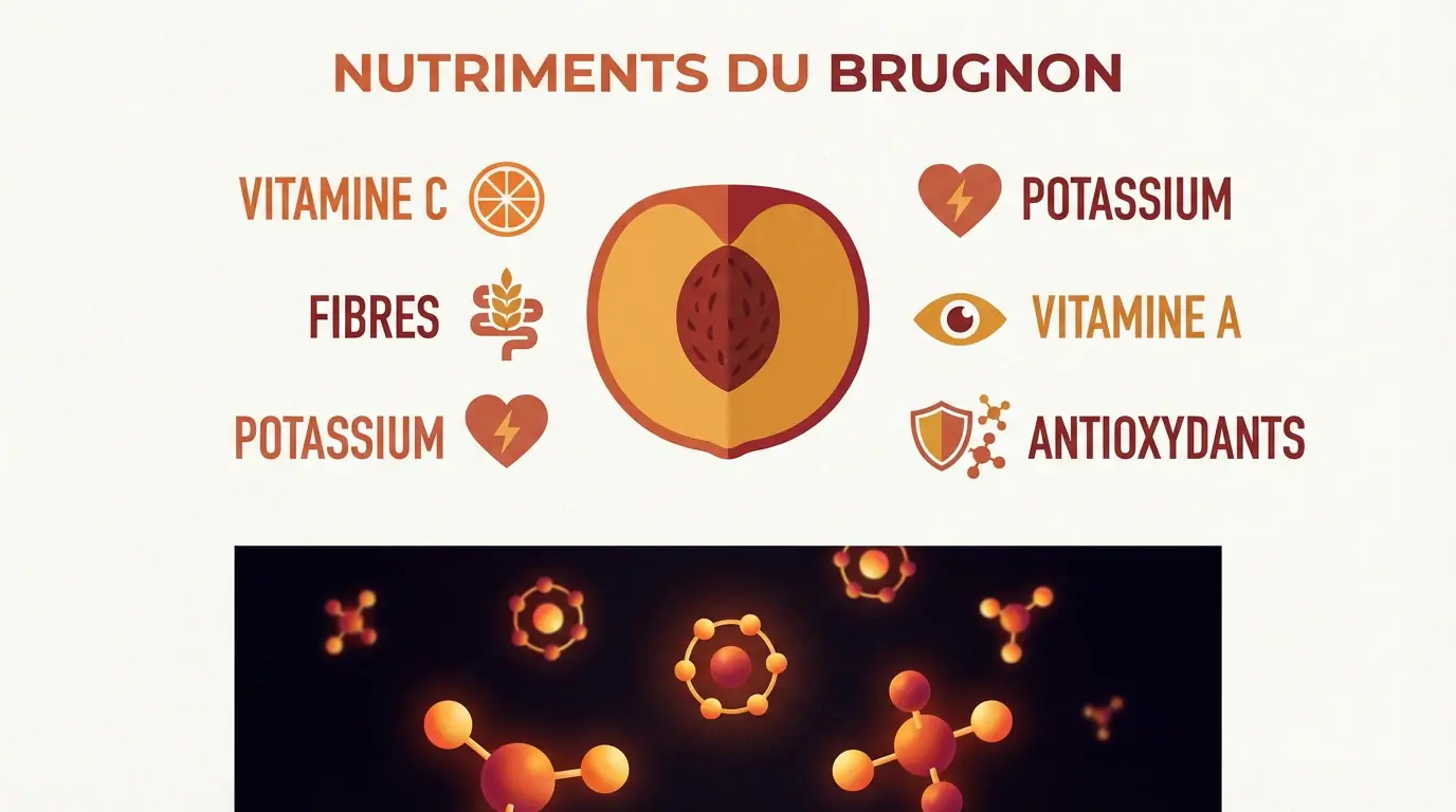 Infographie minimaliste sur fond blanc cassé présentant les principaux nutriments du brugnon