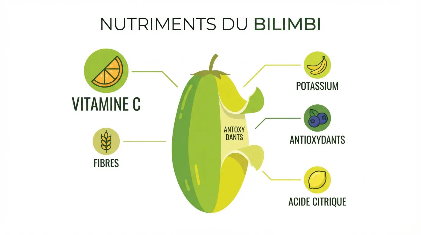 Illustration d’un bilimbi fruit au centre avec des étiquettes indiquant ses nutriments principaux : vitamine C, fibres, potassium, antioxydants et acide citrique.