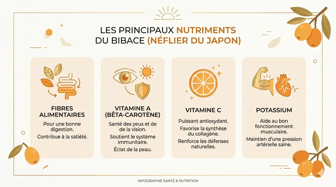Bibace fruit : que cache ce nom mystérieux ? 4 Infographie minimaliste sur fond blanc cassé présentant les principaux nutriments du bibace fruit