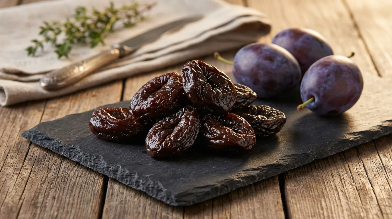 Fruits à noyau : guide complet des variétés et bienfaits 3 Pruneaux d'Agen séchés sur ardoise noire avec deux prunes fraîches violettes sur table en bois rustique