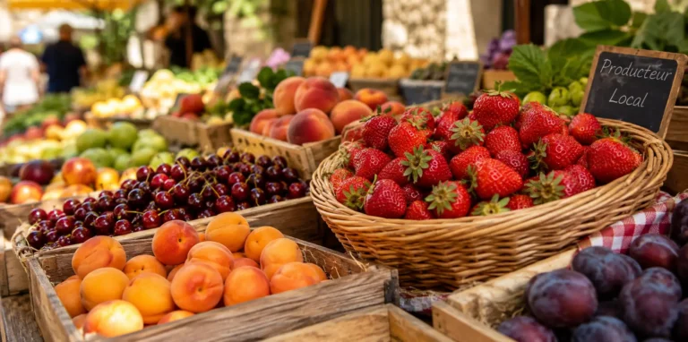 manger des fruits de saison achetés dans un étal de fruits de saison frais sur un marché local.