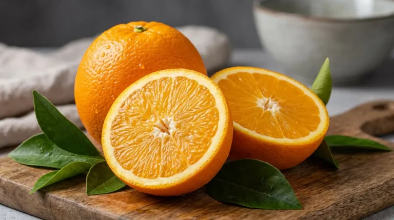 Orange fruit coupé en deux sur une table