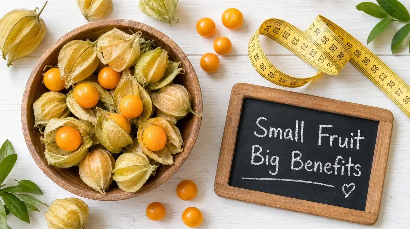 Vue de dessus d'un bol en bois contenant des physalis dans leurs calices dorés et verts, entouré de baies orange éparpillées, d'un mètre ruban jaune, de feuilles vertes et d'une ardoise encadrée de bois sur laquelle est écrit à la craie « Small Fruit Big Benefits » avec un petit cœur, le tout posé sur une surface blanche.