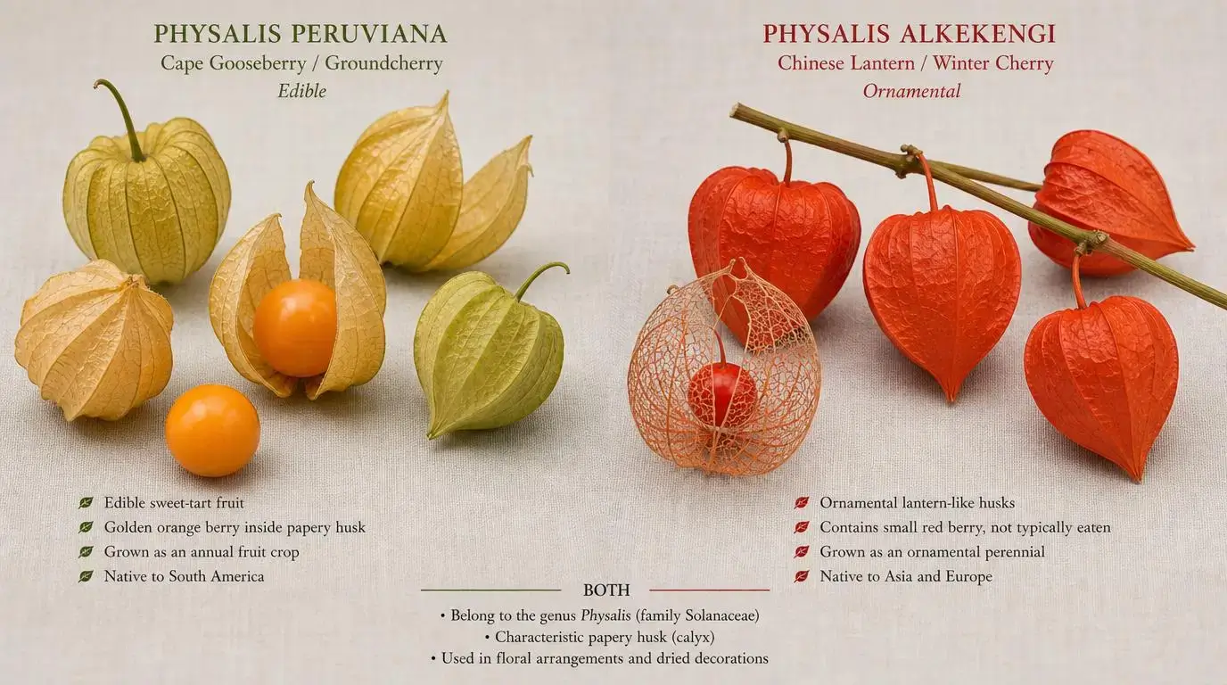 Infographie en deux parties sur fond beige clair comparant Physalis peruviana (à gauche, calices dorés à verts et baies orange, légendé « Edible ») et Physalis alkekengi (à droite, calices rouge-orangé vif, légendé « Ornamental »), avec des listes de caractéristiques propres à chaque espèce et des points communs listés au centre sous la rubrique « Both ».