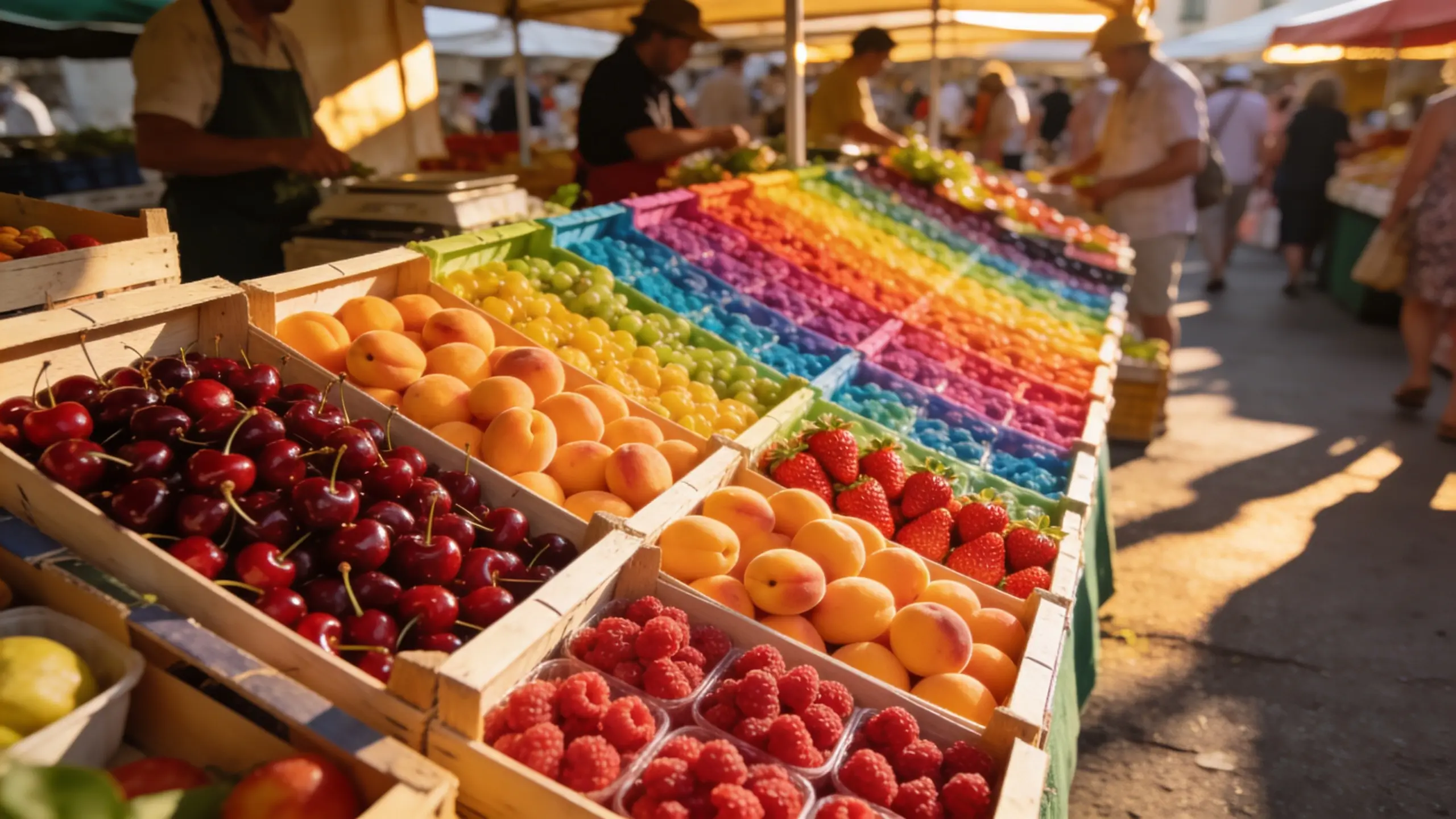 étal marché fruits de saison juin France cerises abricots fraises framboises