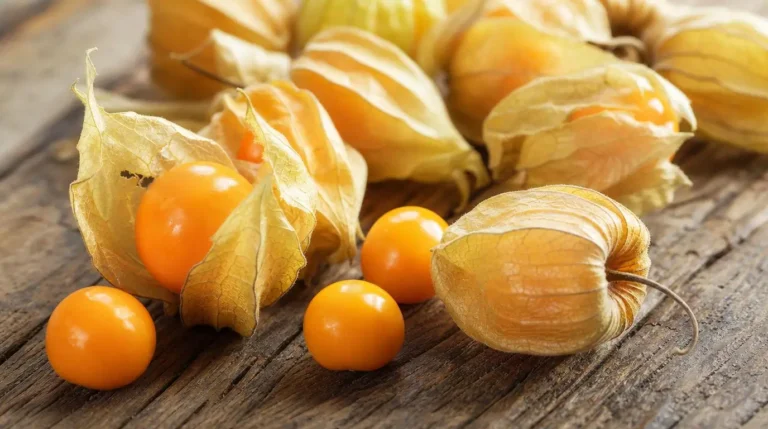Plusieurs physalis orange entourés de leur enveloppe papyracée dorée et striée, disposés sur une table en bois rustique, certains encore dans leur calice, d'autres libres.