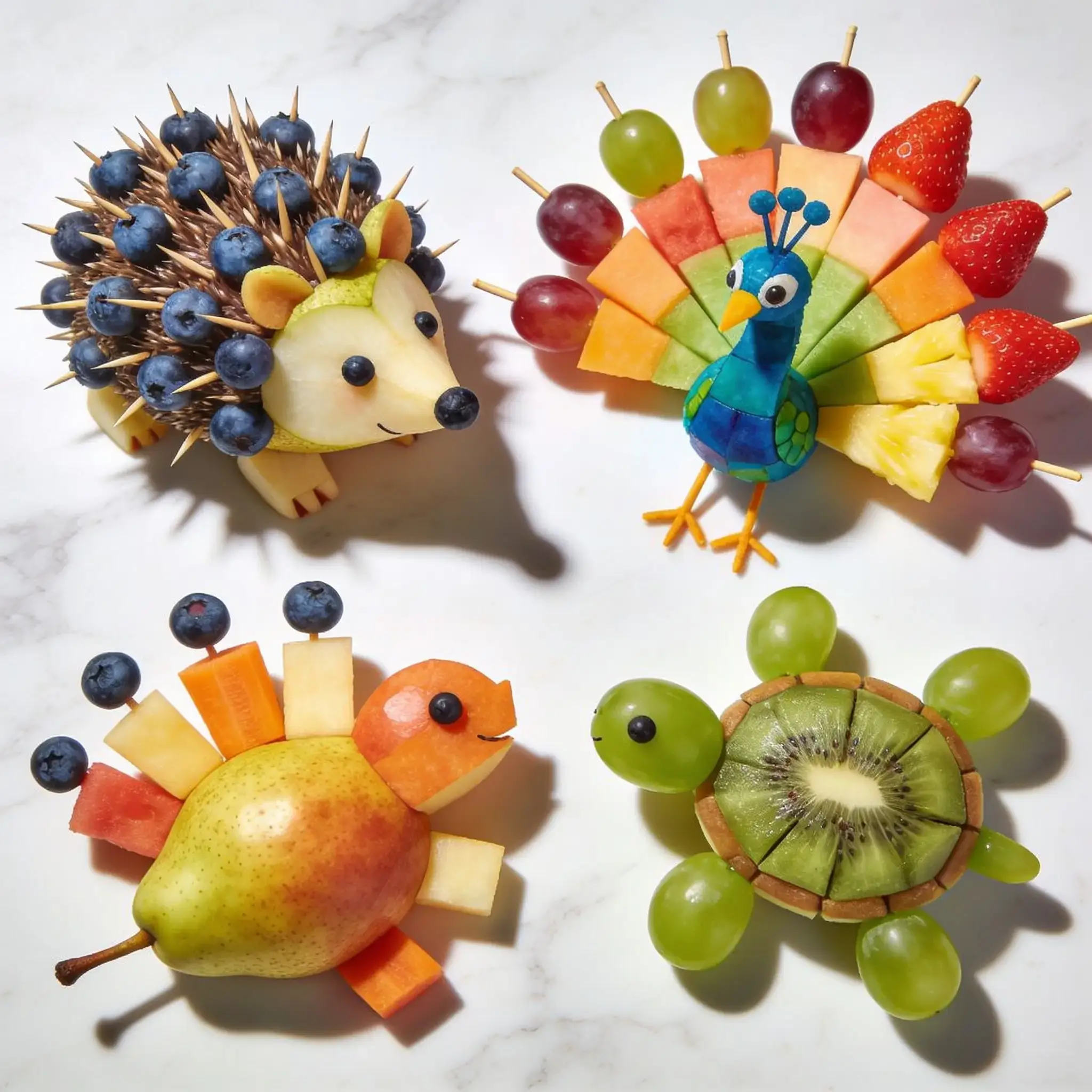 Vue de dessus de quatre animaux en fruits posés sur un plan de travail en marbre blanc : un hérisson en myrtilles et cure-dents (en haut à gauche), un paon aux plumes de pastèque, ananas, raisin et fraises (en haut à droite), un oiseau en poire avec des ailes de carotte et pastèque (en bas à gauche), et une tortue en kiwi tranché entouré de raisins verts (en bas à droite).