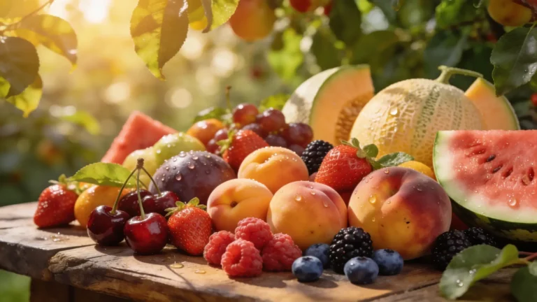 Composition de fruits de saison en juillet sur table en bois rustique sous lumière dorée estivale : pêches, abricots, fraises, cerises, framboises, myrtilles, mûres, melon et pastèque frais et juteux