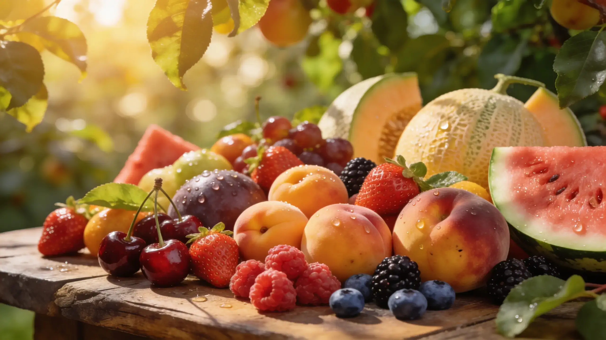 Composition de fruits de saison en juillet sur table en bois rustique sous lumière dorée estivale : pêches, abricots, fraises, cerises, framboises, myrtilles, mûres, melon et pastèque frais et juteux