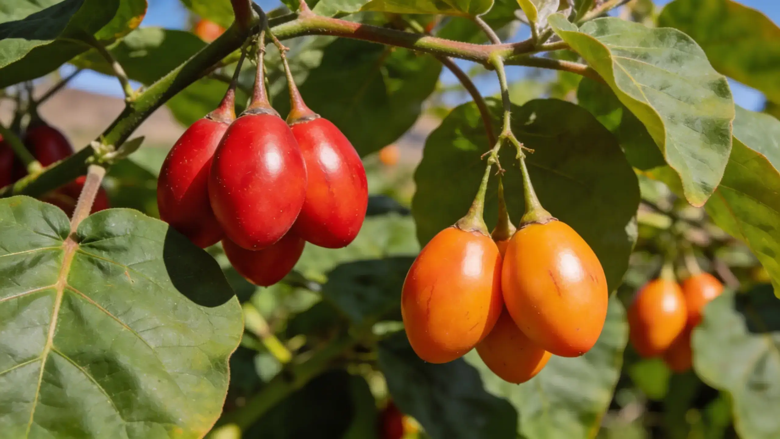 Grappes de tamarillos rouges et oranges accrochées aux branches d'un tamarillos entourées de grandes feuilles vertes sous un ciel bleu, fruits mûrs sur l'arbre en plein soleil
