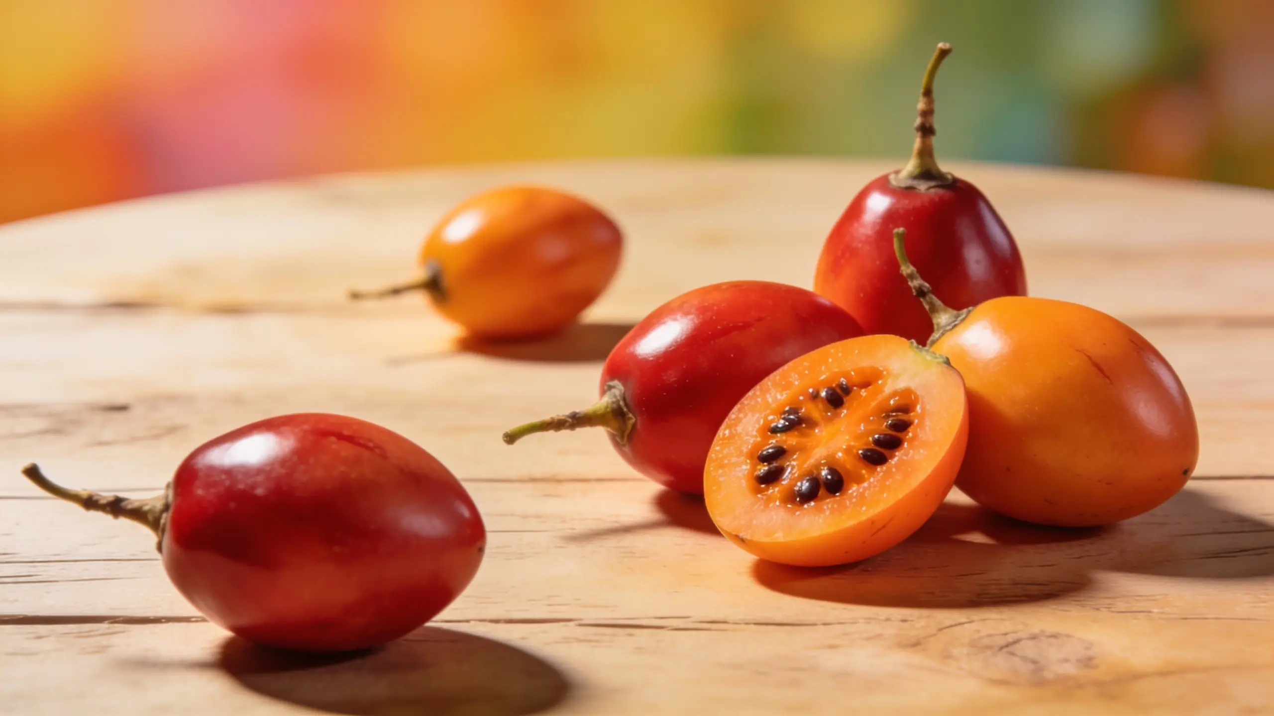 Tamarillos rouges et oranges entiers et un tamarillo coupé en deux sur table en bois clair révélant la chair orange et les graines noires du fruit, fond coloré lumineux