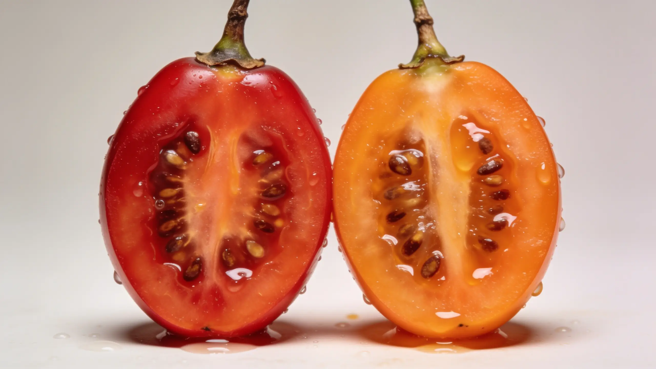 Deux moitiés de tamarillo coupées en deux sur fond blanc montrant la chair rouge foncé de la variété rouge et la chair orange de la variété orange avec leurs graines et leur jus visibles en gros plan