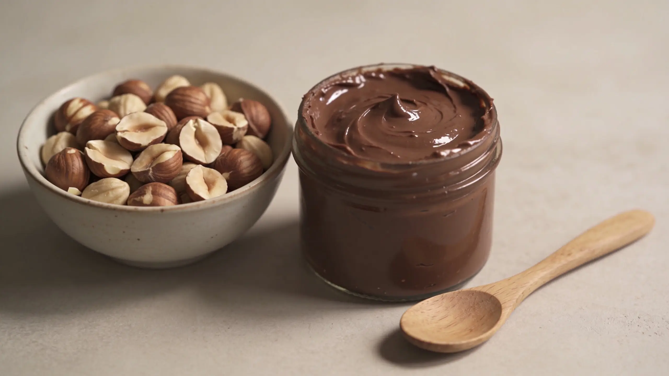Bol en céramique blanche rempli de noisettes décortiquées posé à gauche d'un pot en verre ouvert contenant une pâte à tartiner chocolat-noisette onctueuse tourbillonnée, avec une petite cuillère en bois posée devant, sur un fond beige neutre.