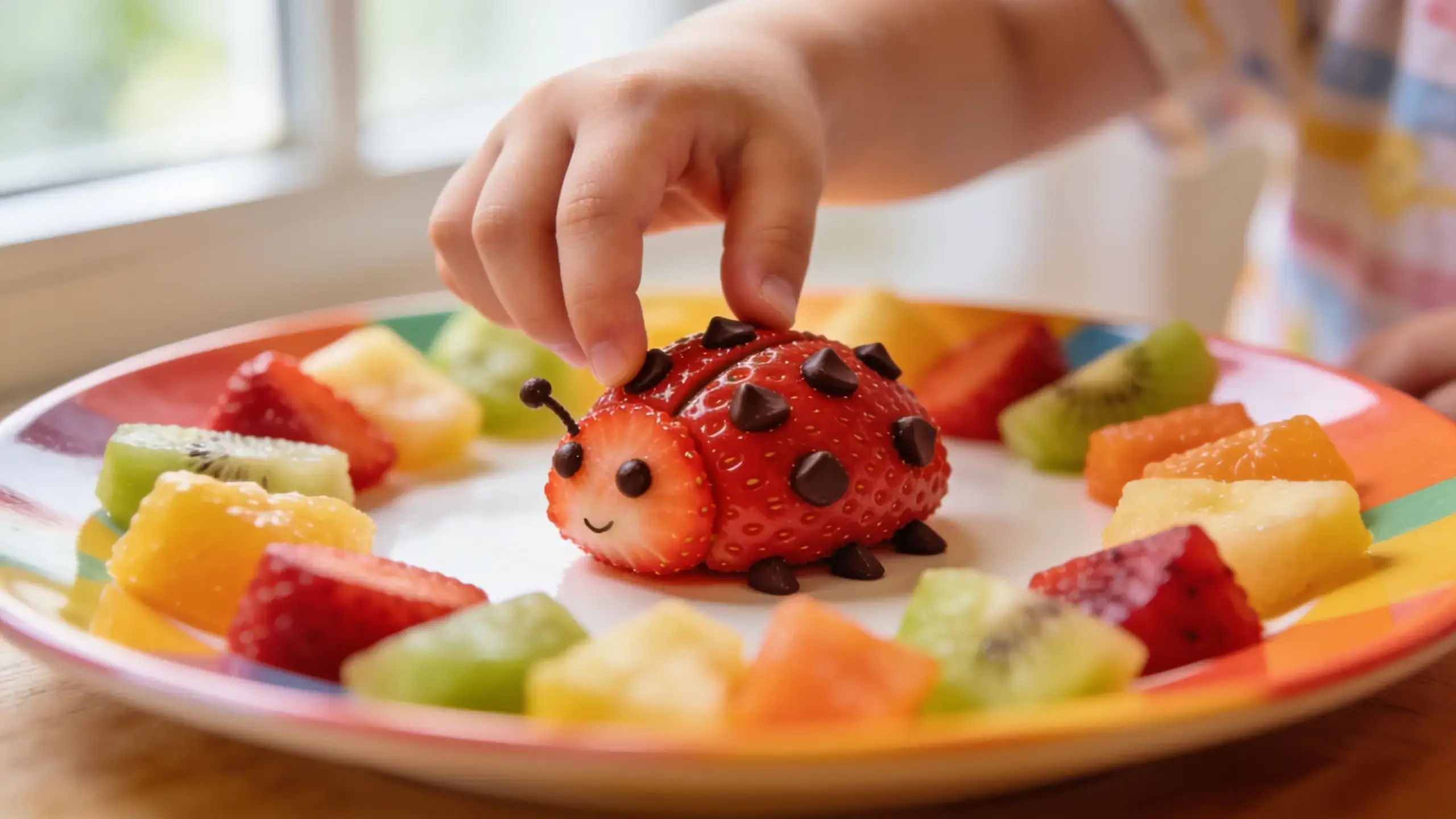 Animaux en fruits: Main d'enfant attrapant une coccinelle animal en fruits, sculptée en fraises et chocolat, sur une assiette colorée de fruits frais.