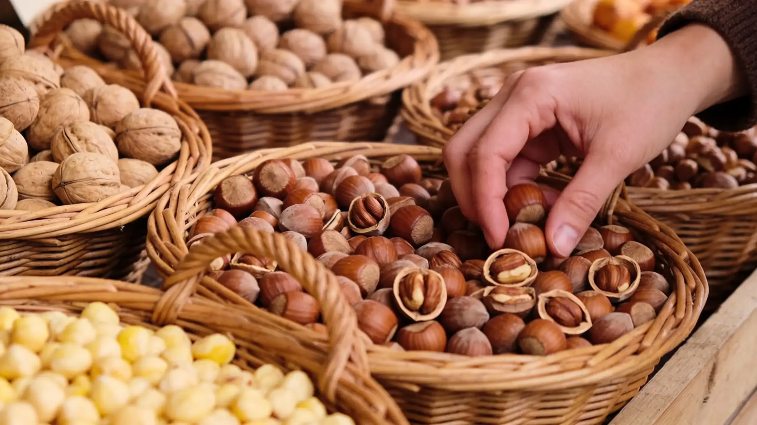 Main d'une personne piochant des noisettes brunes dans un grand panier en osier au centre, entouré d'autres paniers contenant des noix entières, des noisettes décortiquées jaune pâle et d'autres fruits secs, sur un étal de marché en bois.